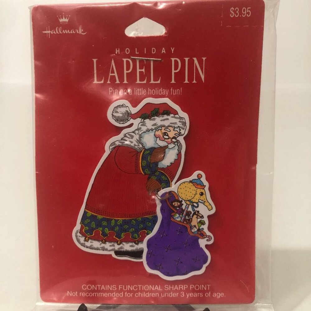 New Vintage Holiday Lapel Pin Mary Engelbreit Santa Claus Movable Toy Sack 90's